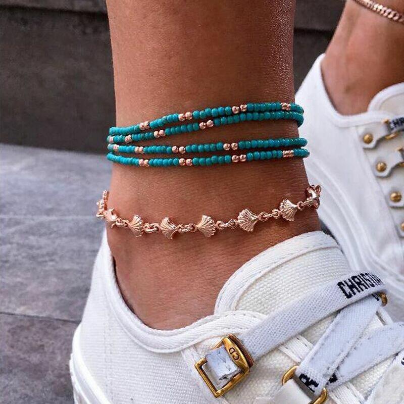 Bohemian Handmade Beaded Adjustable Anklet Metal Geometric Shell Tassel Multi-layer Anklet