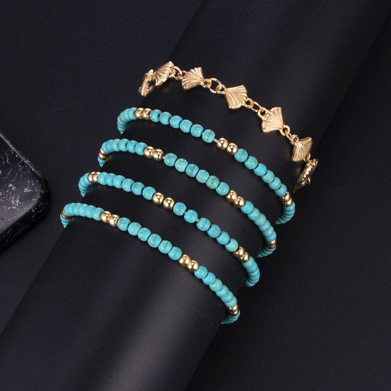 Bohemian Handmade Beaded Adjustable Anklet Metal Geometric Shell Tassel Multi-layer Anklet