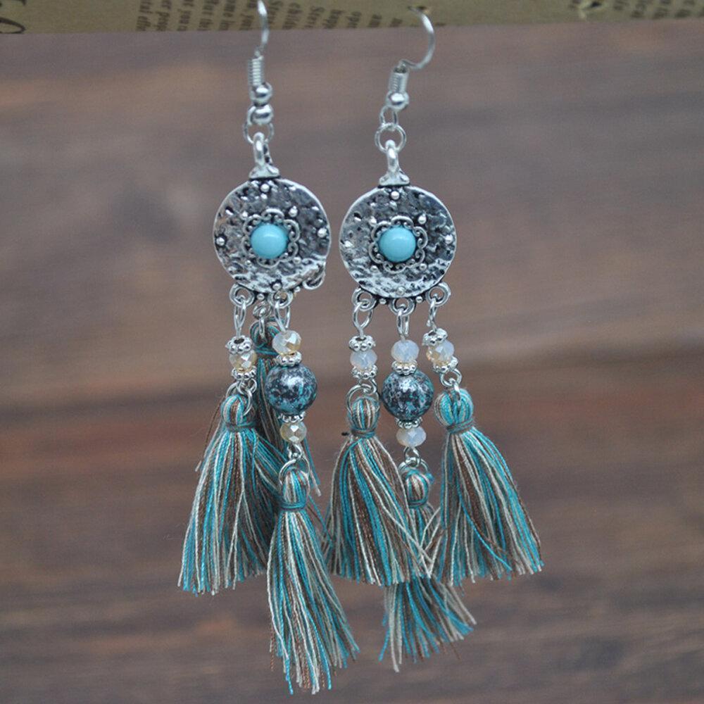 Bohemian Turquoise Earrings Metal Disc Colored Tassel Pendant Earrings Women Jewelry