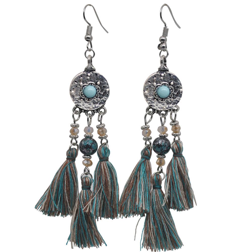 Bohemian Turquoise Earrings Metal Disc Colored Tassel Pendant Earrings Women Jewelry