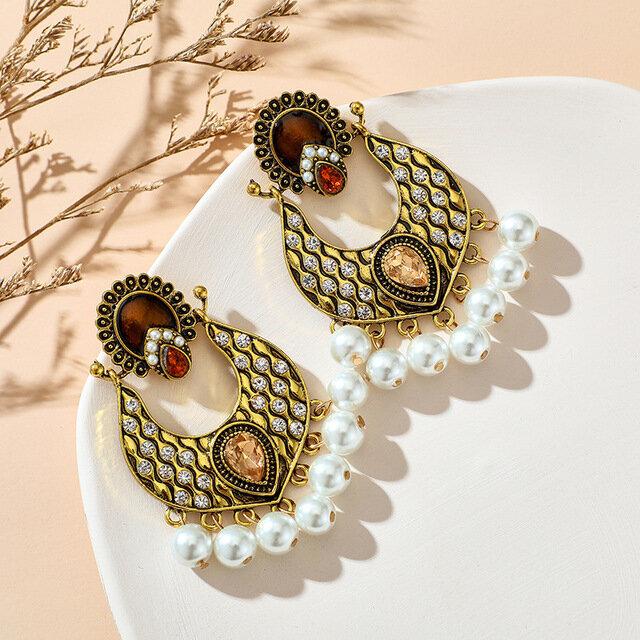 Vintage Palace Pearl Tassel Earrings Temperament Metal Geometric Water Drop Diamond Earrings