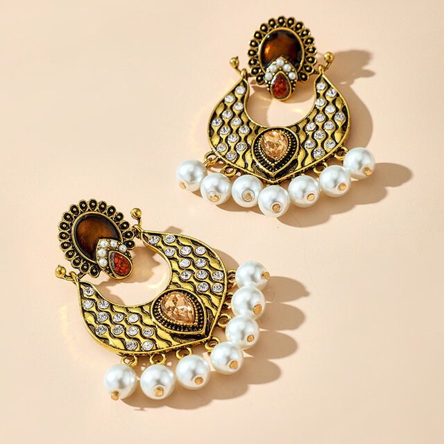 Vintage Palace Pearl Tassel Earrings Temperament Metal Geometric Water Drop Diamond Earrings