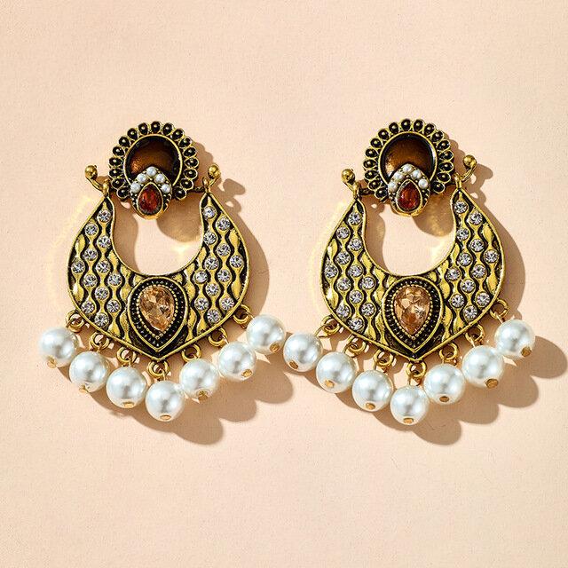 Vintage Palace Pearl Tassel Earrings Temperament Metal Geometric Water Drop Diamond Earrings