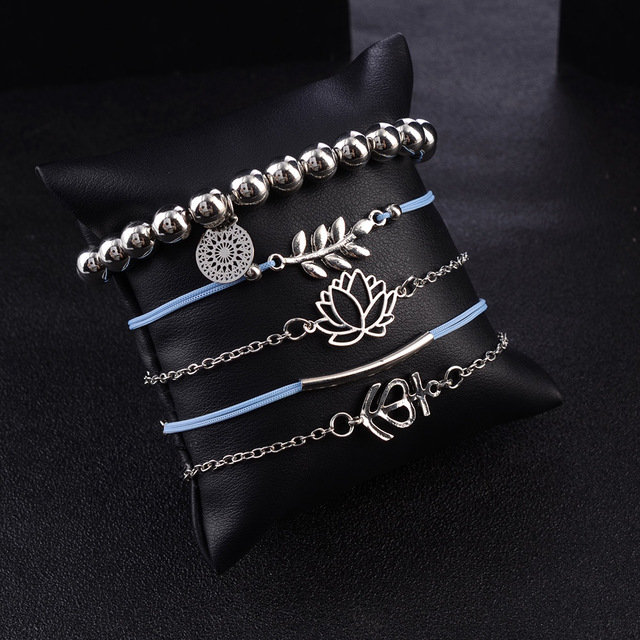 Trendy Hollow Lotus Leaf Chain Bracelet Geometric Handmade Silver Pendant Bead Bracelet Kit