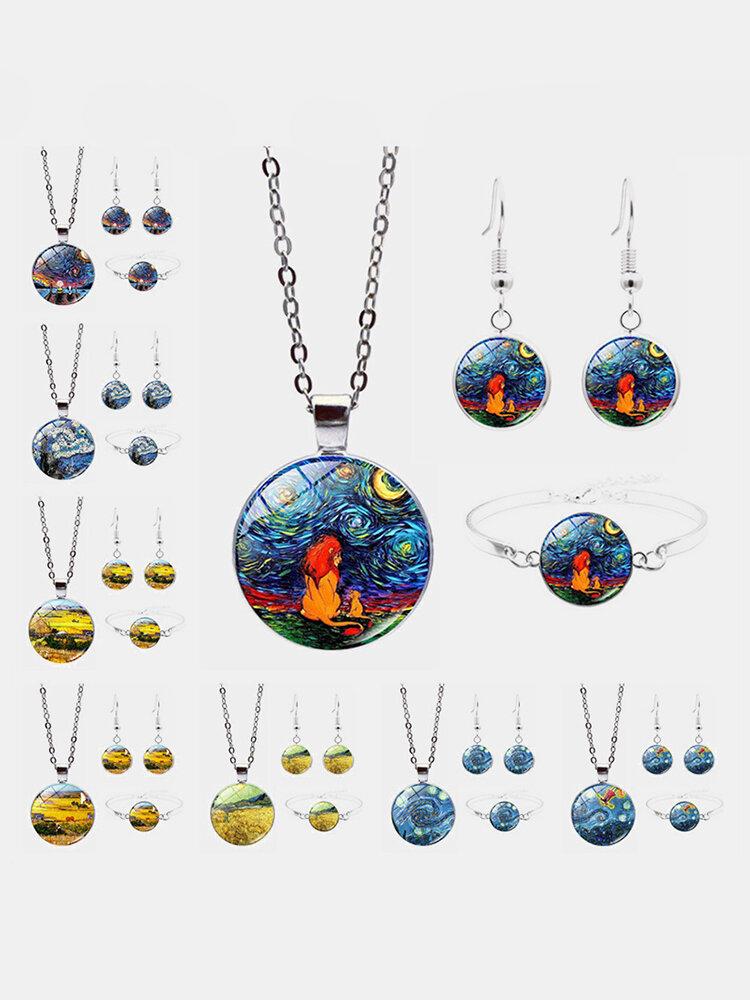 3 Pcs Ldyllic Scenery Men Women Jewelry Set Printed Adjustable Glass Necklace Earrings Bracelet