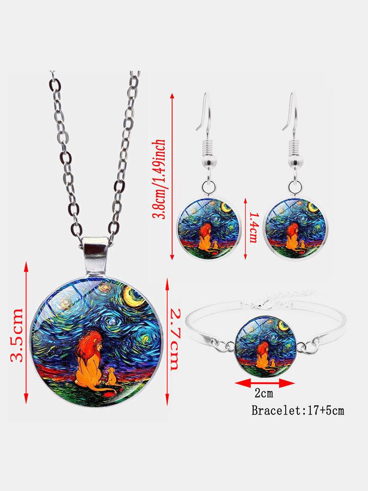 3 Pcs Ldyllic Scenery Men Women Jewelry Set Printed Adjustable Glass Necklace Earrings Bracelet