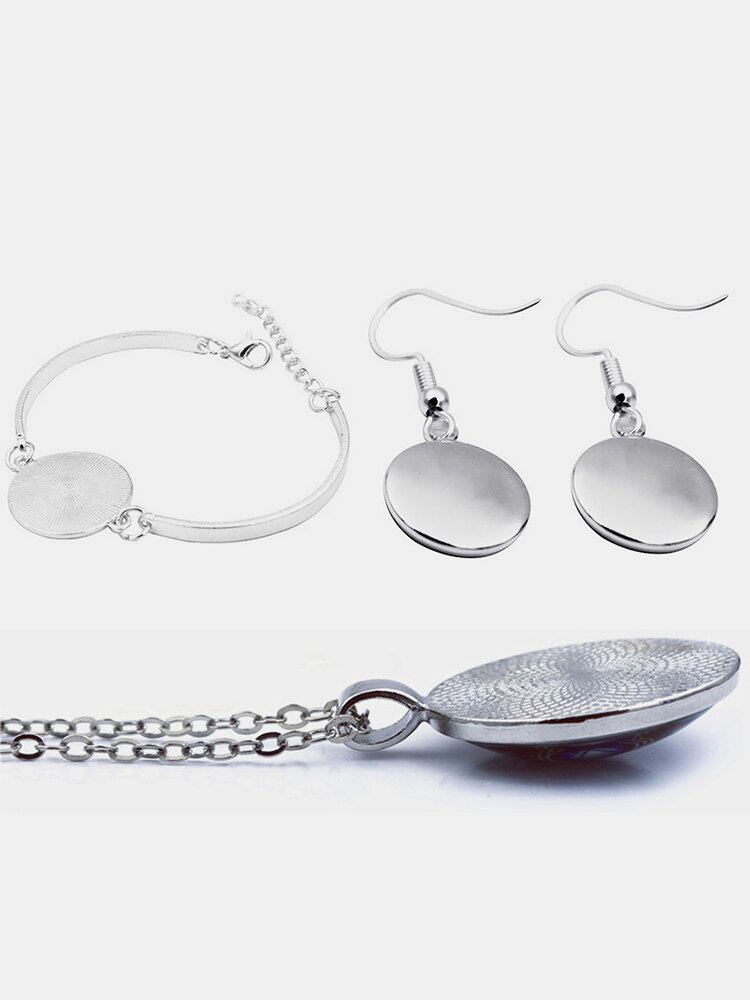 3 Pcs Ldyllic Scenery Men Women Jewelry Set Printed Adjustable Glass Necklace Earrings Bracelet