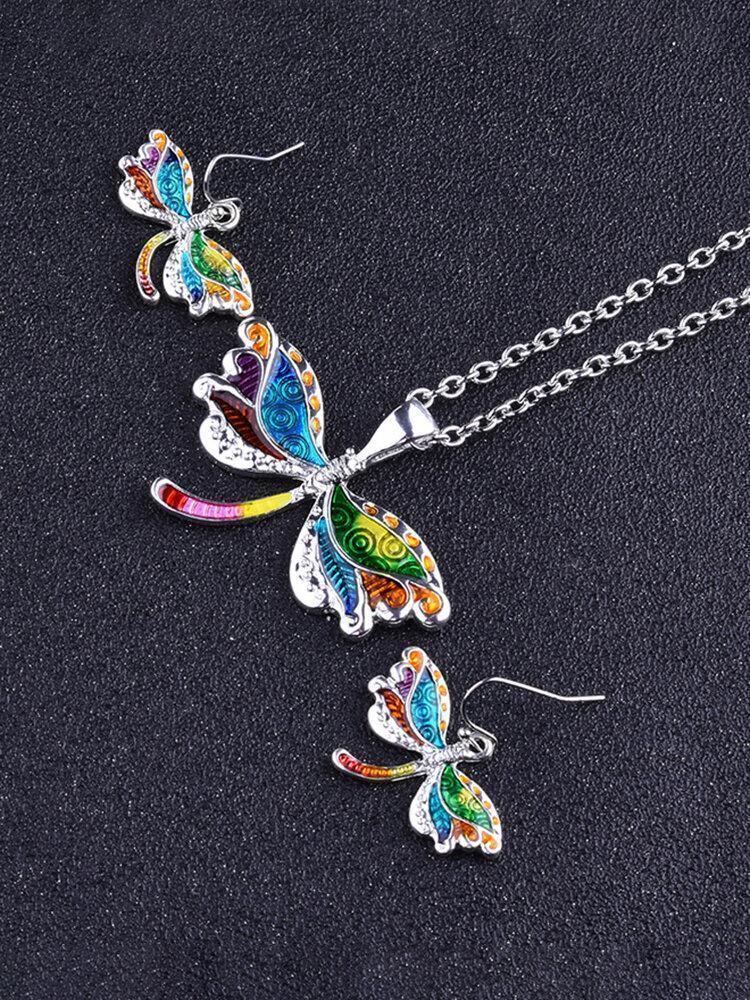 2 Pcs Colored Dragonfly Jewelry Sets Dripping Oil Animal Earrings Necklace