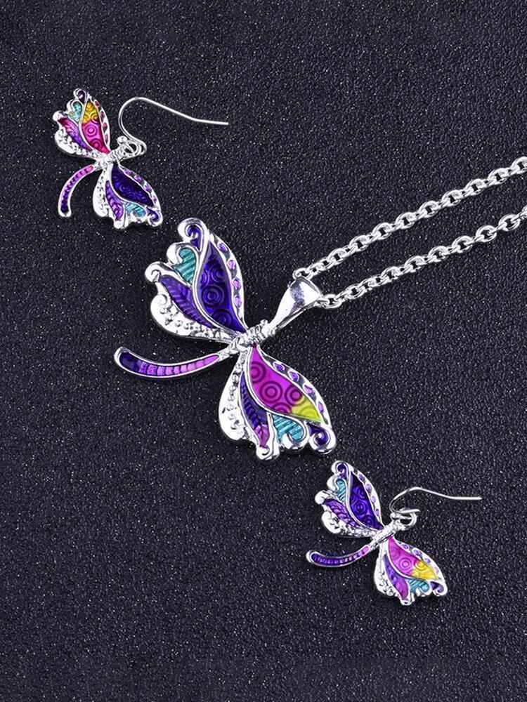 2 Pcs Colored Dragonfly Jewelry Sets Dripping Oil Animal Earrings Necklace