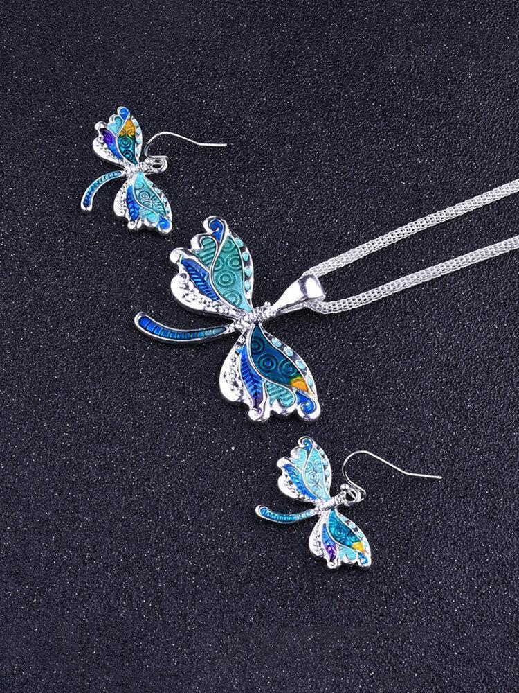 2 Pcs Colored Dragonfly Jewelry Sets Dripping Oil Animal Earrings Necklace