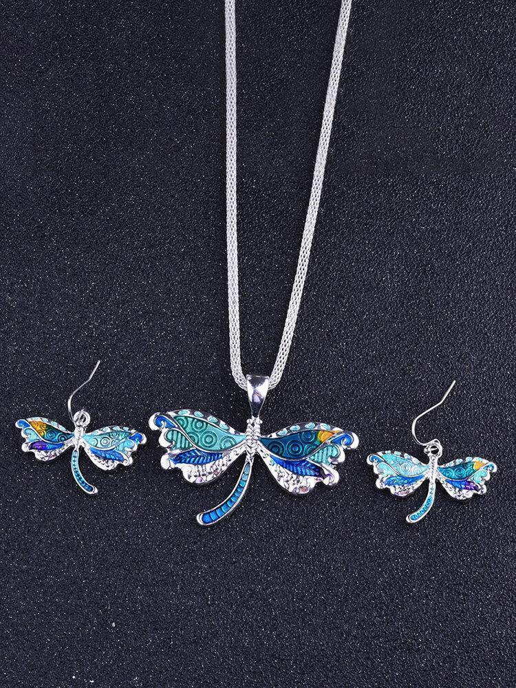 2 Pcs Colored Dragonfly Jewelry Sets Dripping Oil Animal Earrings Necklace