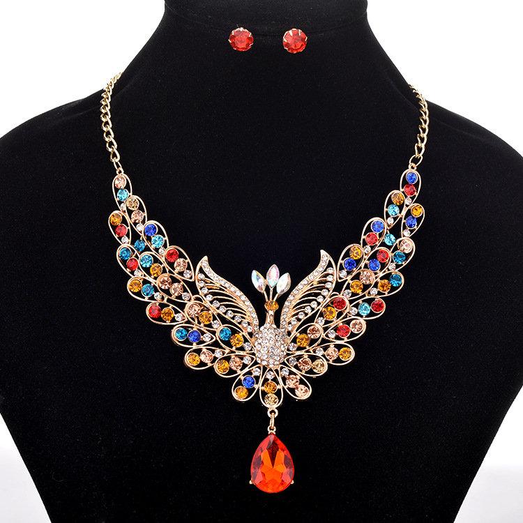 Elegant Peacock Womens Jewelry Set Luxury Colorful Rhinestone Bird Animal Clavicle Necklaces Earring