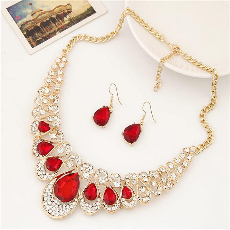 Statement Jewelry Sets Multicolor Gemstone Water Drop Pendant Fashion Necklace Earrings for Women