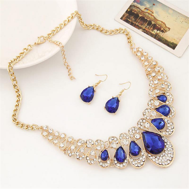Statement Jewelry Sets Multicolor Gemstone Water Drop Pendant Fashion Necklace Earrings for Women