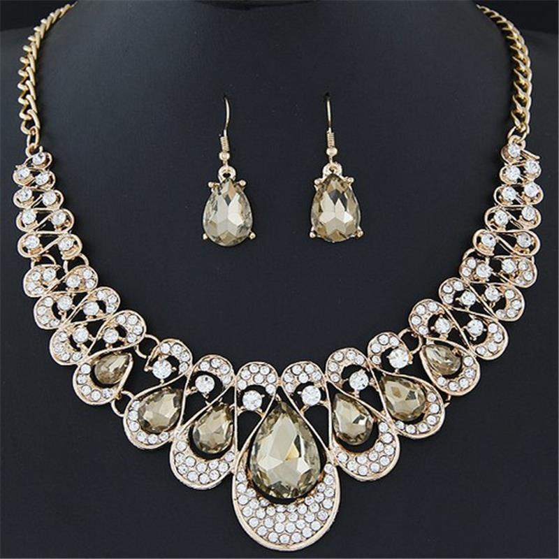 Statement Jewelry Sets Multicolor Gemstone Water Drop Pendant Fashion Necklace Earrings for Women