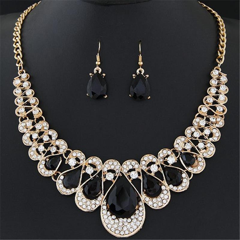 Statement Jewelry Sets Multicolor Gemstone Water Drop Pendant Fashion Necklace Earrings for Women