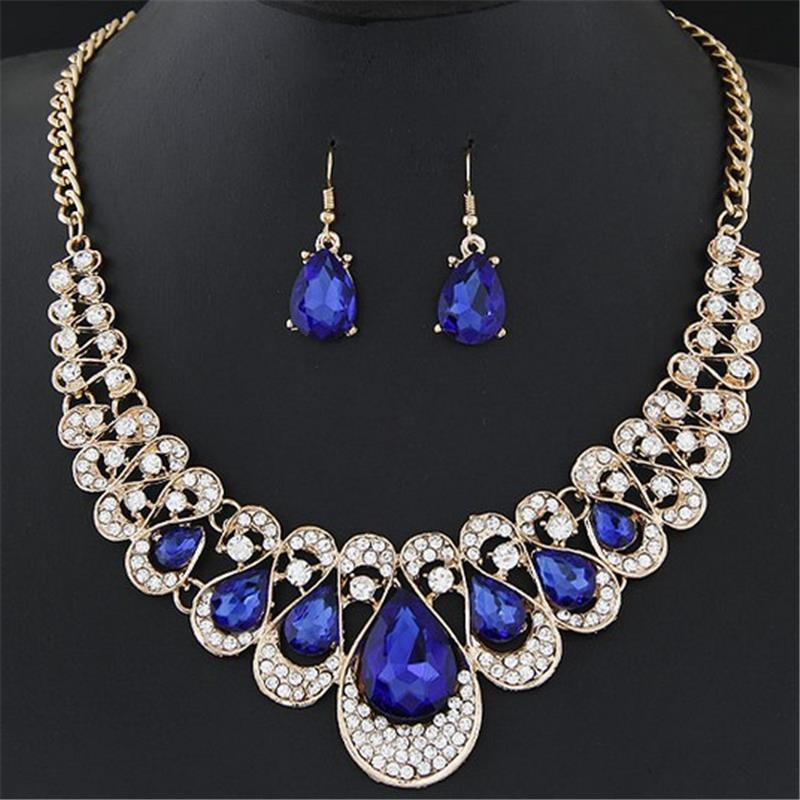 Statement Jewelry Sets Multicolor Gemstone Water Drop Pendant Fashion Necklace Earrings for Women