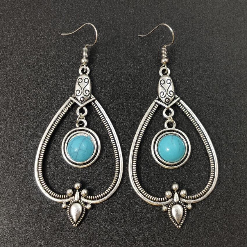 Vintage Temperament Turquoise Earrings Metal Geometric Hollow Water Drop Pendant Earrings