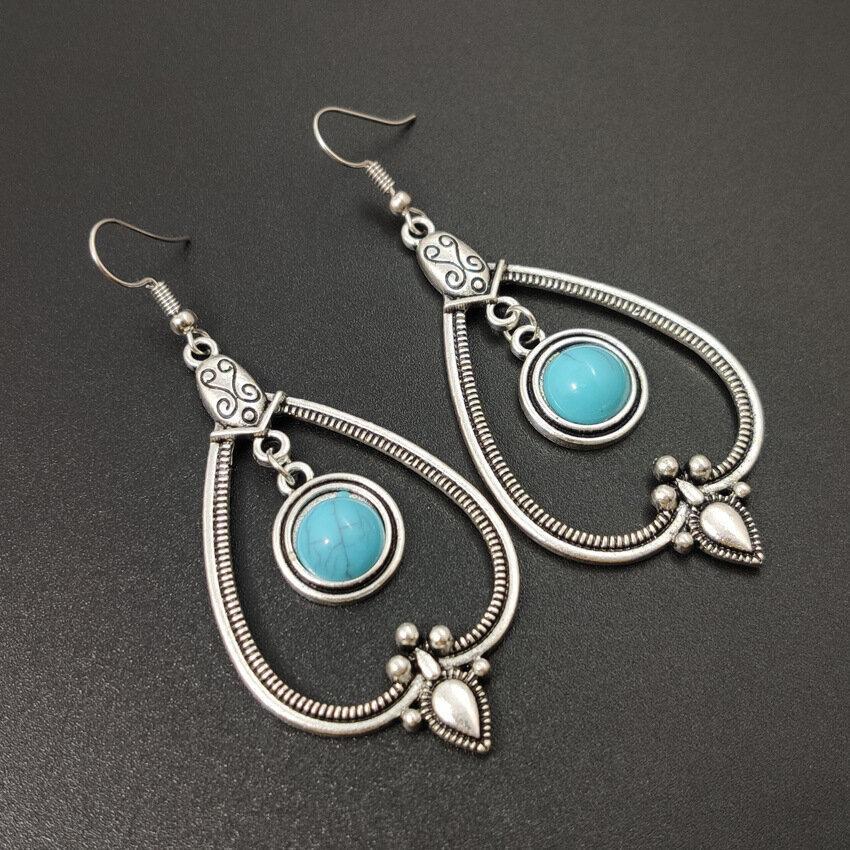 Vintage Temperament Turquoise Earrings Metal Geometric Hollow Water Drop Pendant Earrings