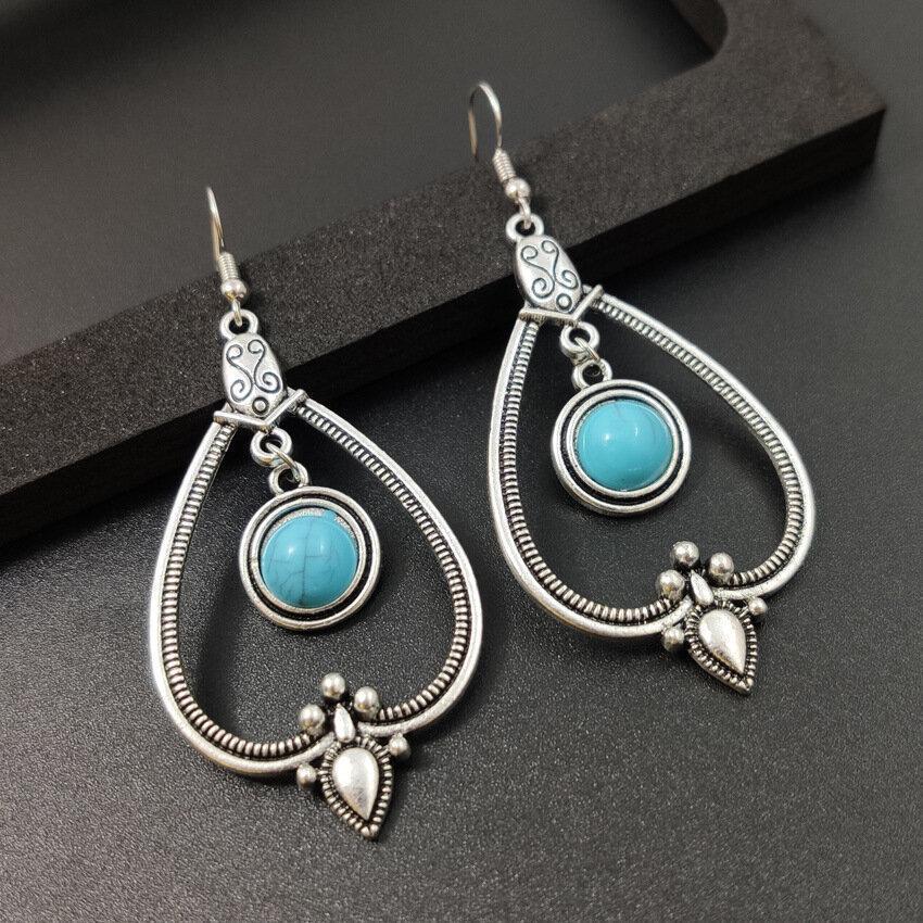 Vintage Temperament Turquoise Earrings Metal Geometric Hollow Water Drop Pendant Earrings