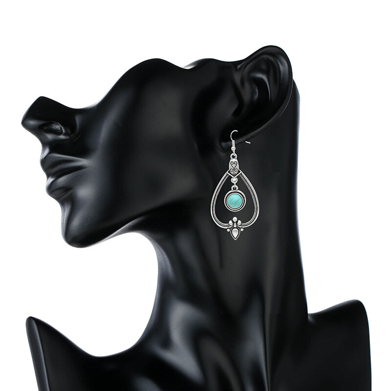 Vintage Temperament Turquoise Earrings Metal Geometric Hollow Water Drop Pendant Earrings