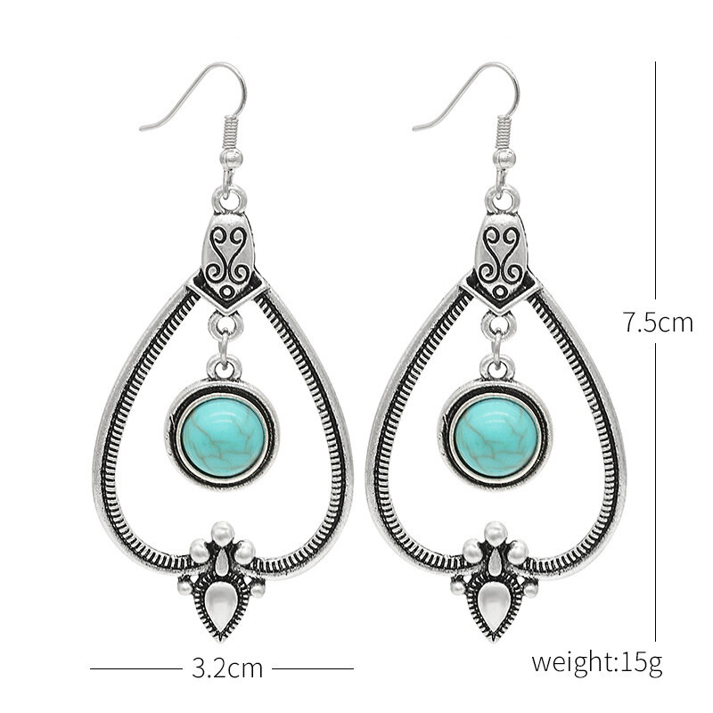 Vintage Temperament Turquoise Earrings Metal Geometric Hollow Water Drop Pendant Earrings