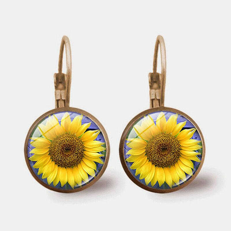 Bohemian Geometric Round Pendant Earrings Metal Glass Gem Sunflower Women Earrings Jewelry