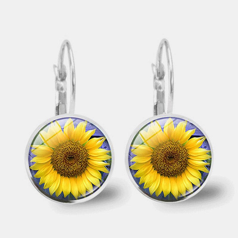 Bohemian Geometric Round Pendant Earrings Metal Glass Gem Sunflower Women Earrings Jewelry