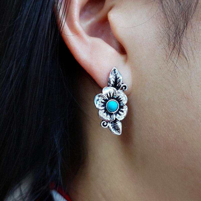 Vintage Rose Flower Leaf Silver Plated Earrings Bohemian Turquoise Pendant Earrings