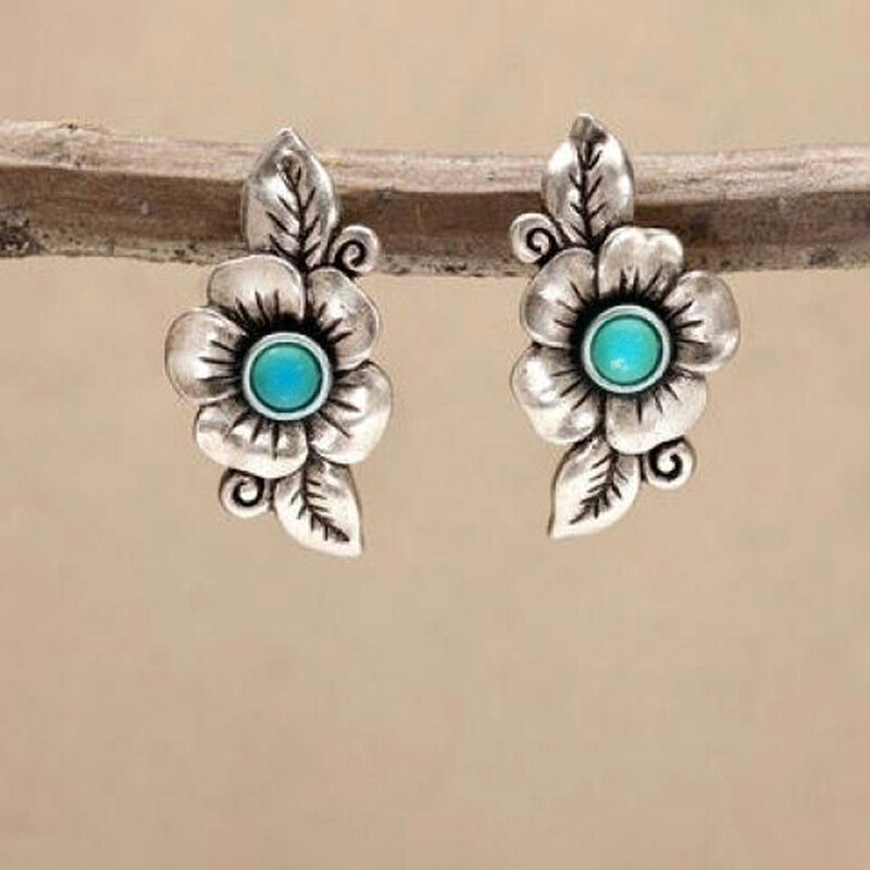 Vintage Rose Flower Leaf Silver Plated Earrings Bohemian Turquoise Pendant Earrings