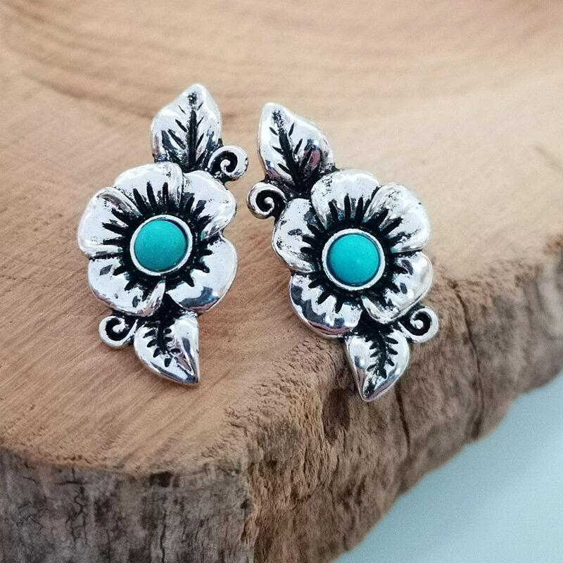 Vintage Rose Flower Leaf Silver Plated Earrings Bohemian Turquoise Pendant Earrings