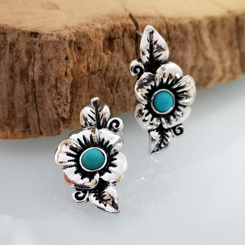 Vintage Rose Flower Leaf Silver Plated Earrings Bohemian Turquoise Pendant Earrings