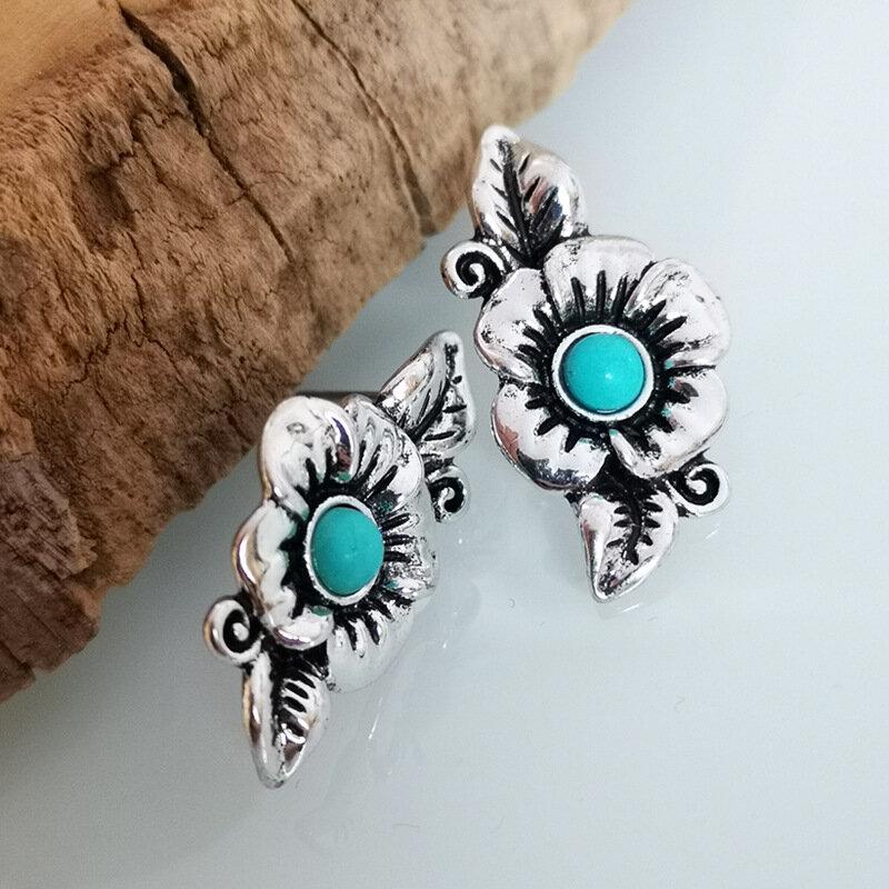 Vintage Rose Flower Leaf Silver Plated Earrings Bohemian Turquoise Pendant Earrings