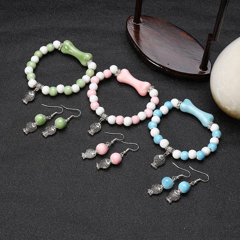 Women's Ethnic Jewelry Set Fish Ceramics Bracelet Earrings Set