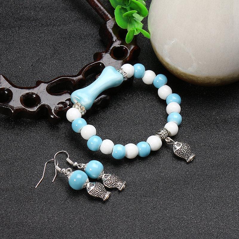 Women's Ethnic Jewelry Set Fish Ceramics Bracelet Earrings Set