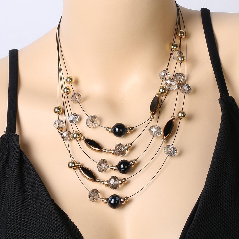 Trendy Multilayer Necklace Crystal Dangle Earrings Ceramic Beads Luxury Wedding Party Jewelry Sets