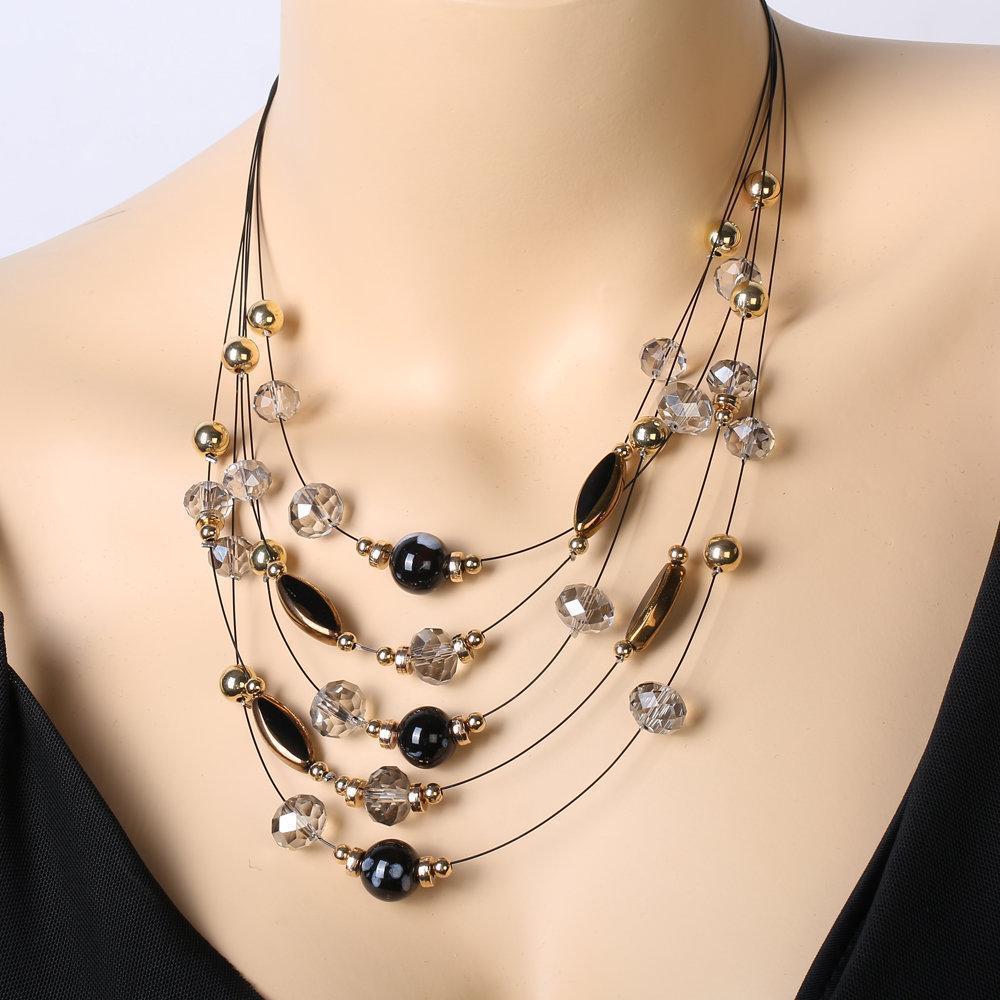 Trendy Multilayer Necklace Crystal Dangle Earrings Ceramic Beads Luxury Wedding Party Jewelry Sets