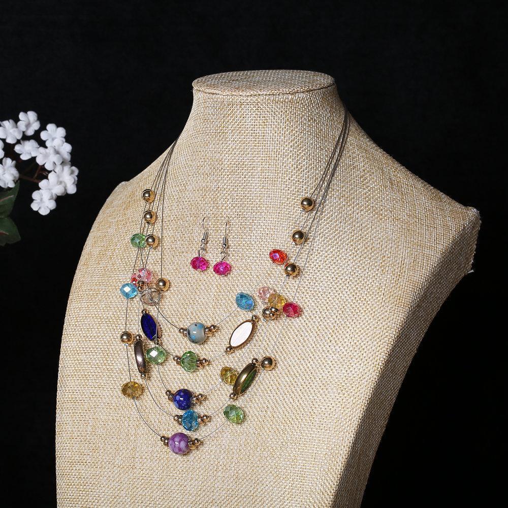 Trendy Multilayer Necklace Crystal Dangle Earrings Ceramic Beads Luxury Wedding Party Jewelry Sets