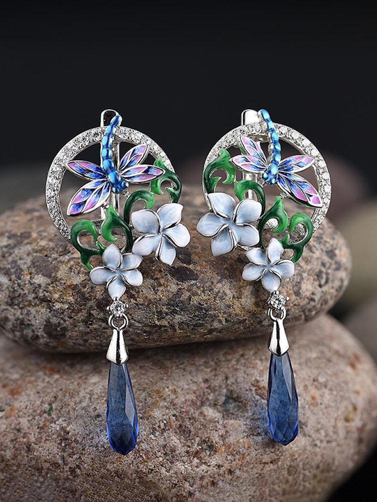 Zircon Enamel Women Jewelry Set Epoxy Flower Dragonfly Pendant Engagement Earrings Necklace Ring