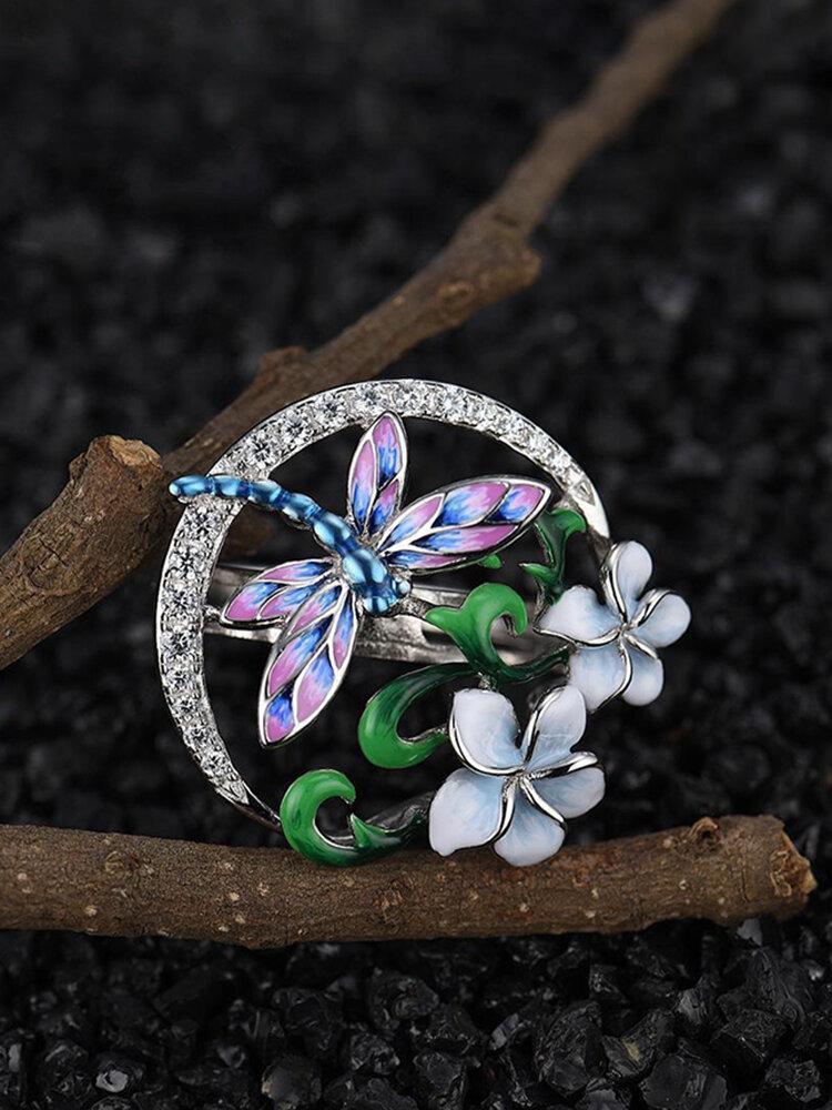 Zircon Enamel Women Jewelry Set Epoxy Flower Dragonfly Pendant Engagement Earrings Necklace Ring