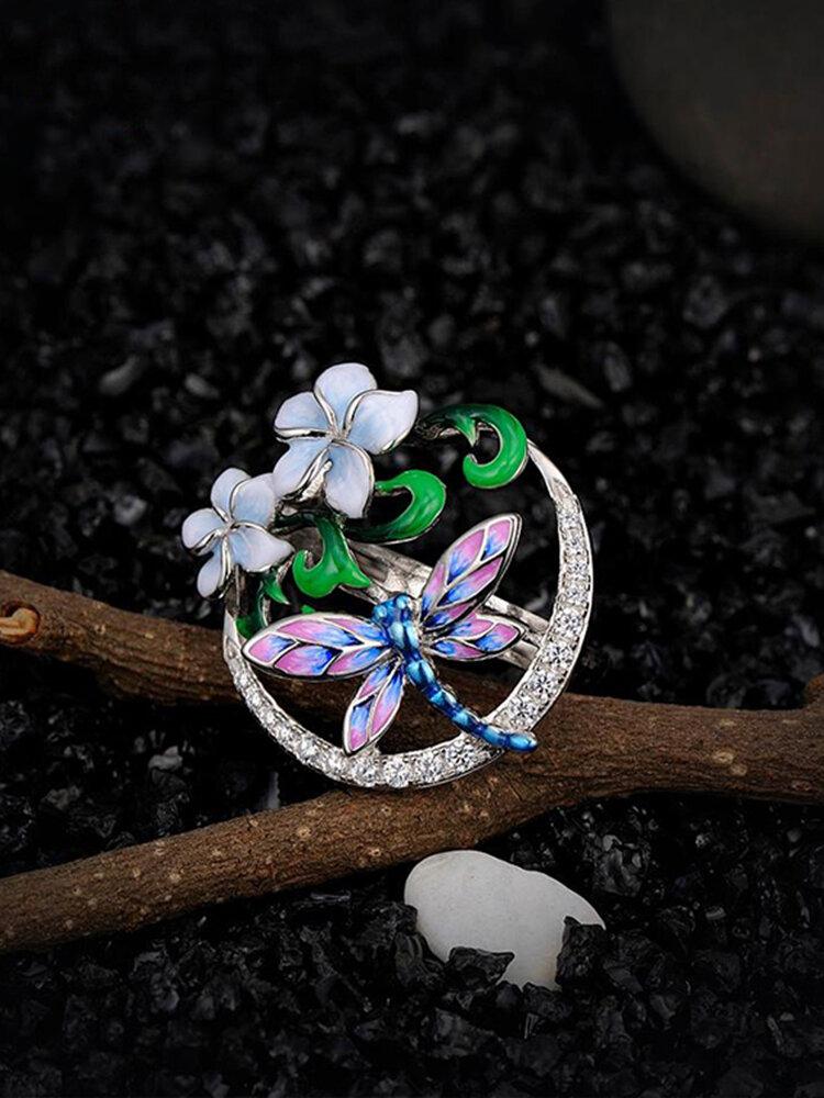 Zircon Enamel Women Jewelry Set Epoxy Flower Dragonfly Pendant Engagement Earrings Necklace Ring