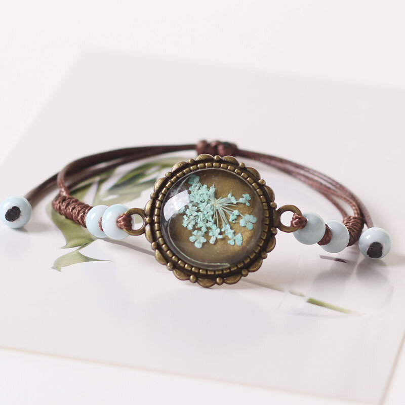 Ethnic Dried Flowers Gypsophila Hand-woven Bracelet Geometric Ceramic Beads Pendant Bracelet