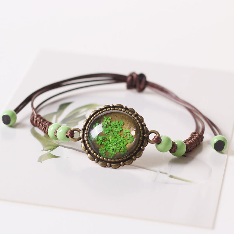 Ethnic Dried Flowers Gypsophila Hand-woven Bracelet Geometric Ceramic Beads Pendant Bracelet