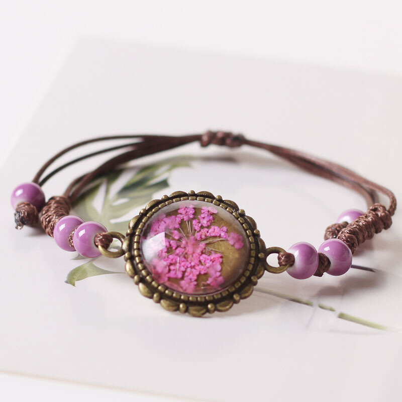 Ethnic Dried Flowers Gypsophila Hand-woven Bracelet Geometric Ceramic Beads Pendant Bracelet