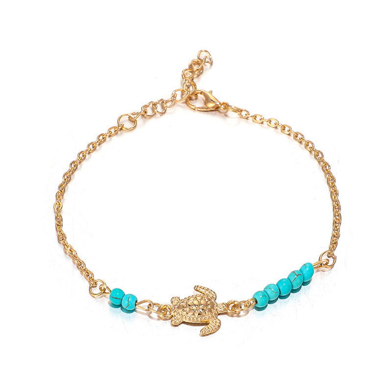 Bohemian Turquoise Beaded Chain Anklet Turtle Pendant Metal Bracelet Vintage Jewelry