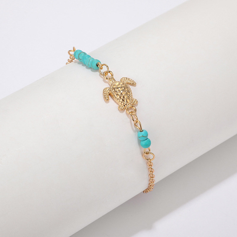 Bohemian Turquoise Beaded Chain Anklet Turtle Pendant Metal Bracelet Vintage Jewelry