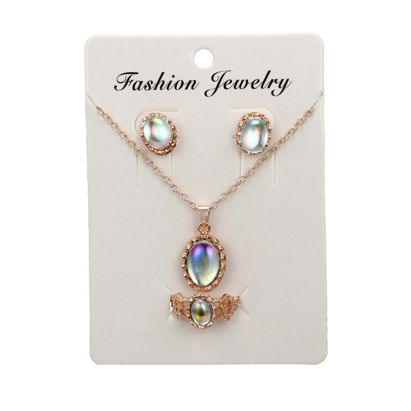 Vintage Gold Jewelry Set Colorful Artifical Gem Geometric Pendant Necklace Earrings Rings for Women