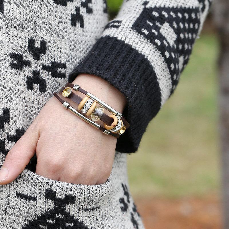 Vintage Genuine Leather Bracelet Punk Rhinestone Bead Bangle Gift for Her