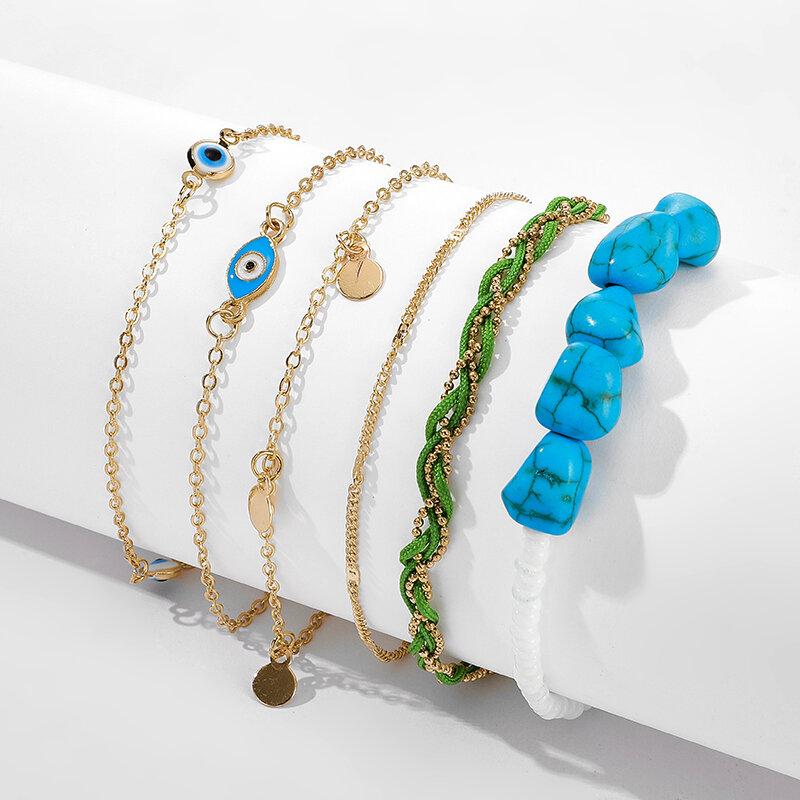 Bohemian Irregular Turquoise Rice Beads Multi-layer Anklet Metal Eye Pendant Anklet