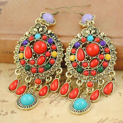 Bohemian Colorful Rice Beads Tassel Pendant Earrings Metal Geometric Water Drop Carved Earrings